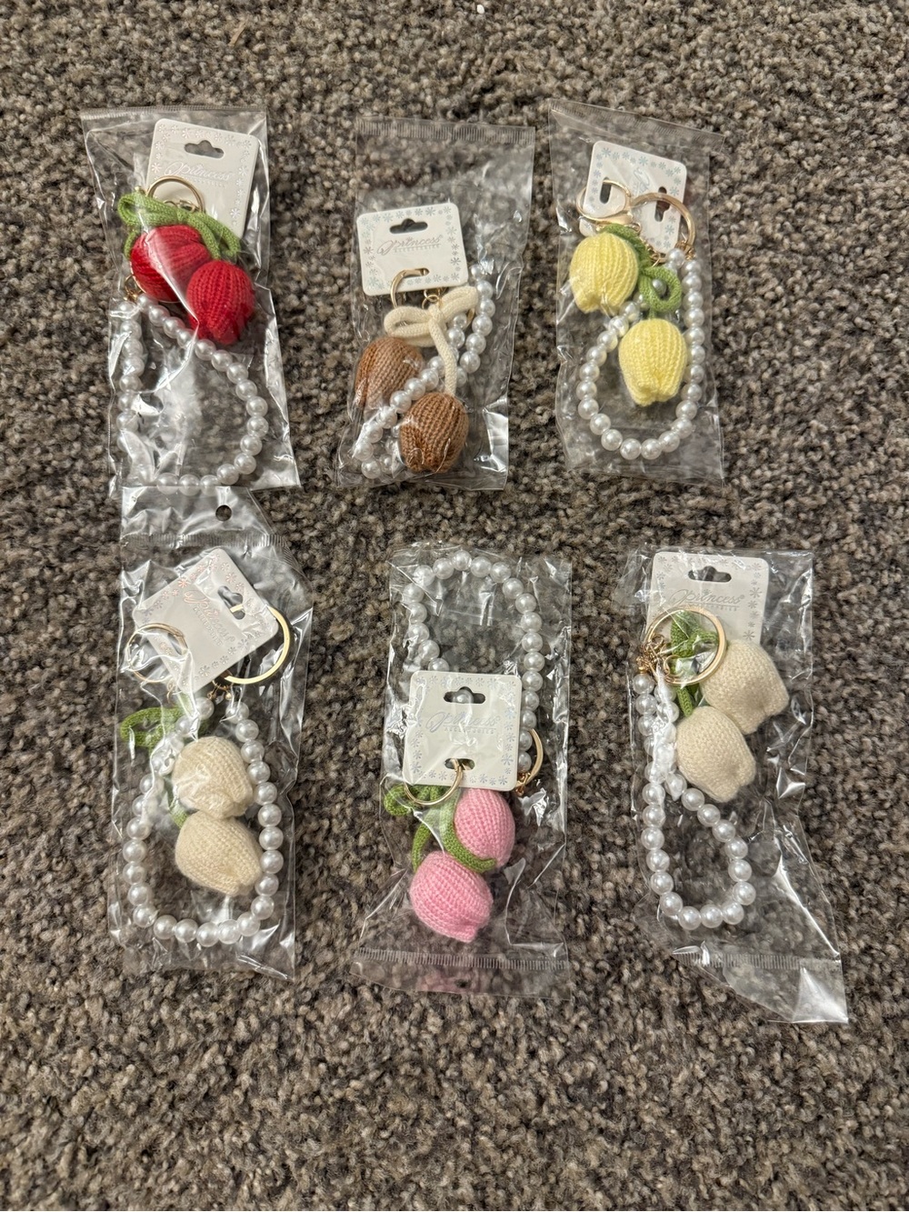 Pearl Bead Keychain with Knit Flower Accent